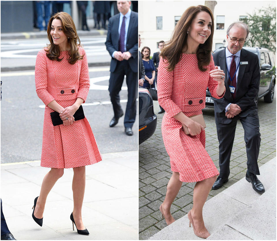 Kate first donned this Eponine skirt suit while visiting the XLP project in London. She wore it again at the Best Beginnings initiative on March 23, 2017. <em>(Photos: Getty Images) </em>