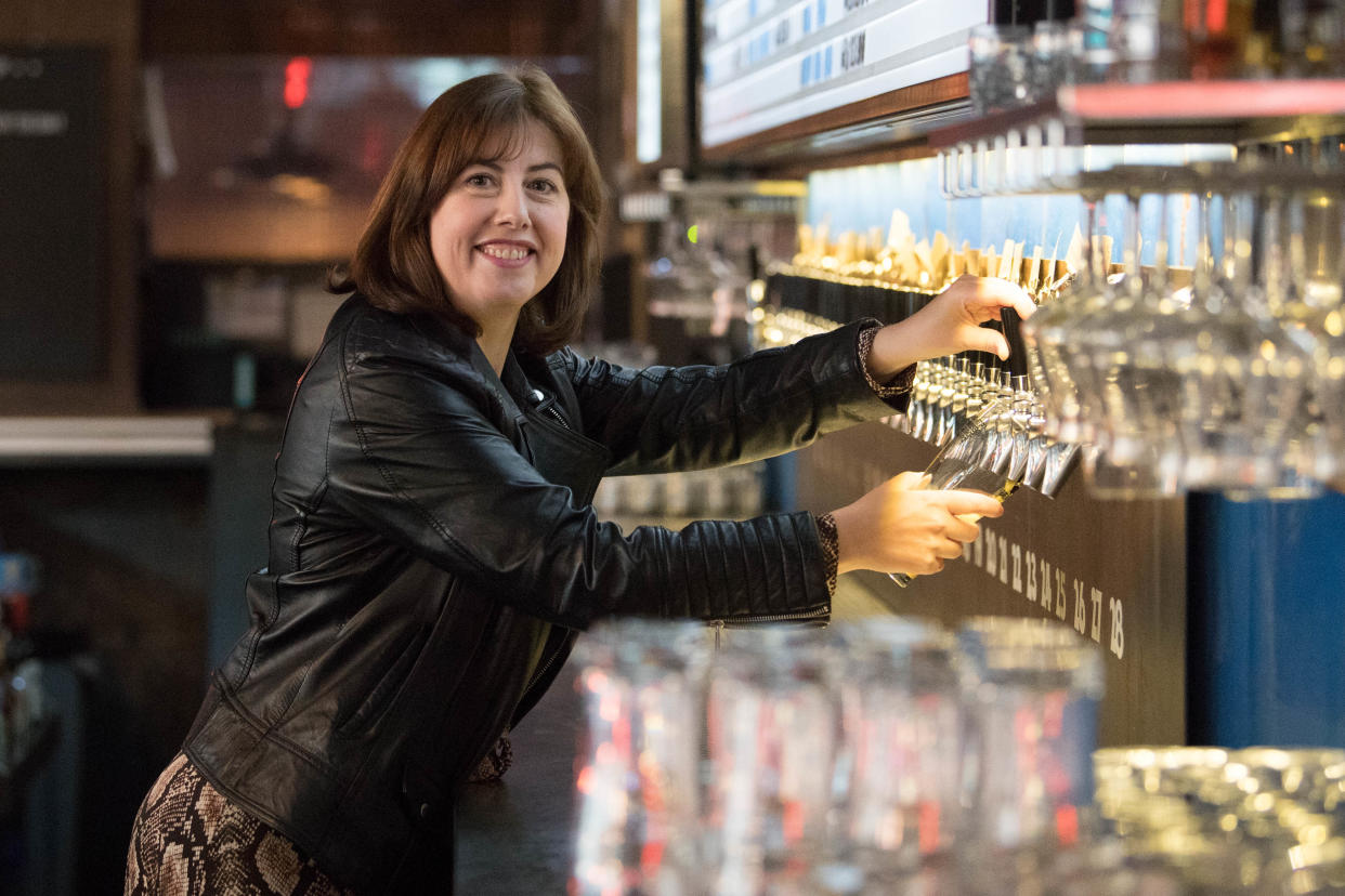 Shadow Business and Consumer Affairs Minister, Lucy Powell, during a visit to the Brewdog Pub and Brewery in the City of London, where she was meeting staff along with labour leader, Keir Starmer to discuss impact of Covid-19 on the hospitality sector and operating under social distancing. PA Photo. Picture date: Monday July 6, 2020. See PA story POLITICS Starmer. Photo credit should read: Stefan Rousseau/PA Wire