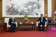 FILE - In this file photo released by Xinhua News Agency, Chinese President Xi Jinping, right, talks to former U.S. Secretary of State Henry Kissinger during a meeting at the Diaoyutai State Guesthouse in Beijing on July 20, 2023. (Huang Jingwen/Xinhua via AP, File)