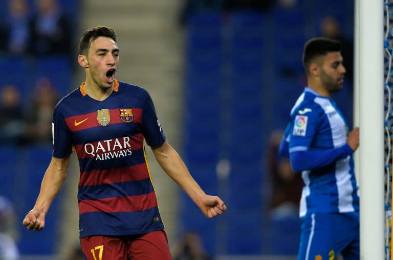 Barcelona's forward Munir El Haddadi celebrates after scoring a goal during the Spanish Copa del Rey round of 16 second leg football match at Cornella-El Prat stadium in Cornella near Barcelona, on January 13, 2016