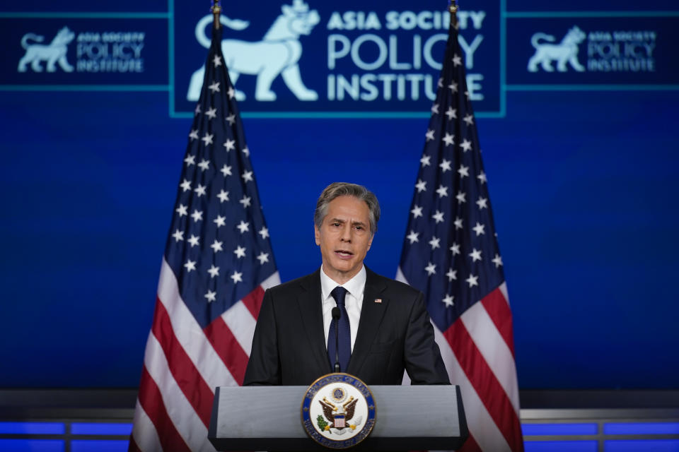 Secretary of State Antony Blinken speaks at George Washington University in Washington, Thursday, May 26, 2022, outlining the administration's policy toward China at an event hosted by the Asia Society. (AP Photo/ Carolyn Kaster)