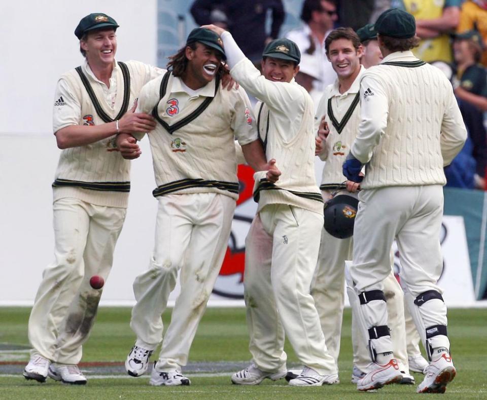 Symonds celebrates with Australian teammates after catching out England’s Kevin Pietersen during the first day of the fourth Ashes Test at the MCG in 2006.
