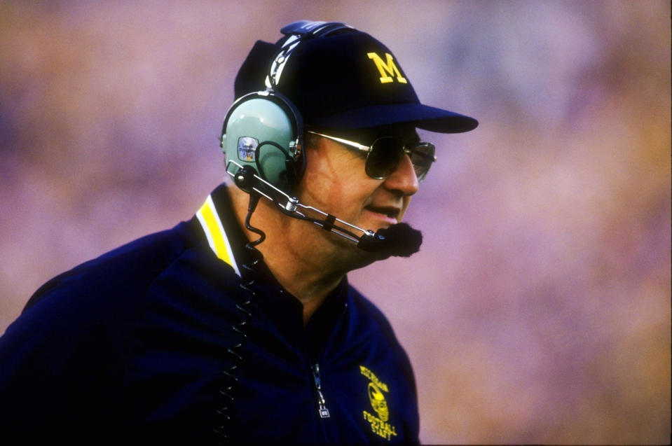 Image: Head coach Bo Schembechler of Michigan at the Rose Bowl in Pasadena, Calif., in 1987. (Rick Stewart / Allsport / Getty Images file)