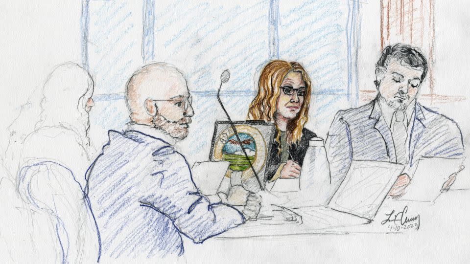 This courtroom sketch, from left, depicts Madison County prosecutor Rob Wood, Lori Vallow Daybell and defense attorney Jim Archibald during opening statements of Vallow Daybell's murder trial in Boise, Idaho, Monday.  - Lisa Cheney/Pool/East Idaho News