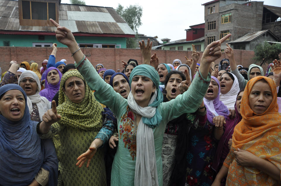 Kashmiri women chant slogans during the funeral procession of Riyaz Ahmad Shah, a civilian killed by government forces, in Srinagar on Aug. 3, 2016.