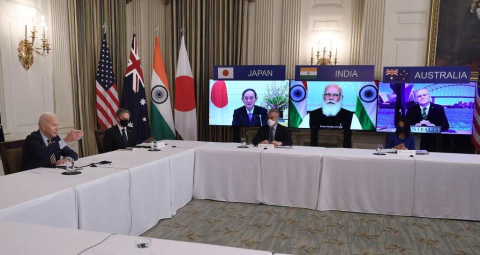 Mr Blinken pictured second left at a virtual Quad meeting last year. Source: Getty