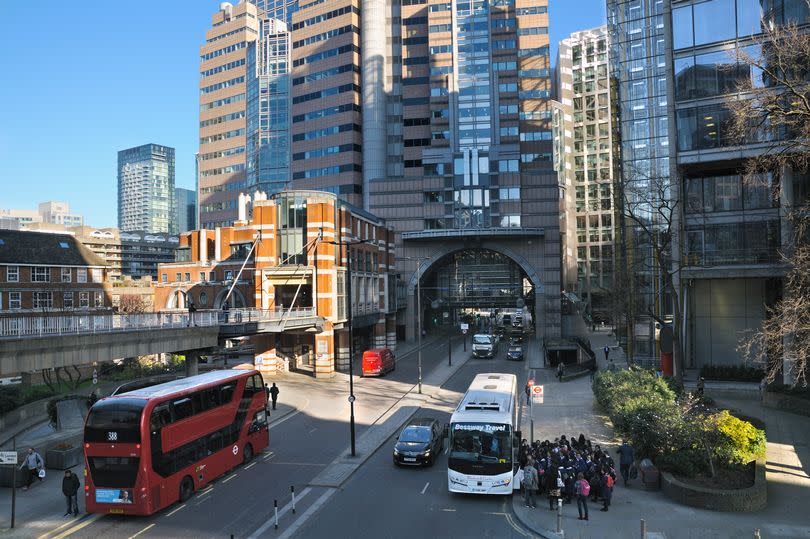 A walkway view of 125 London Wall, or Alban Gate, in the City of London