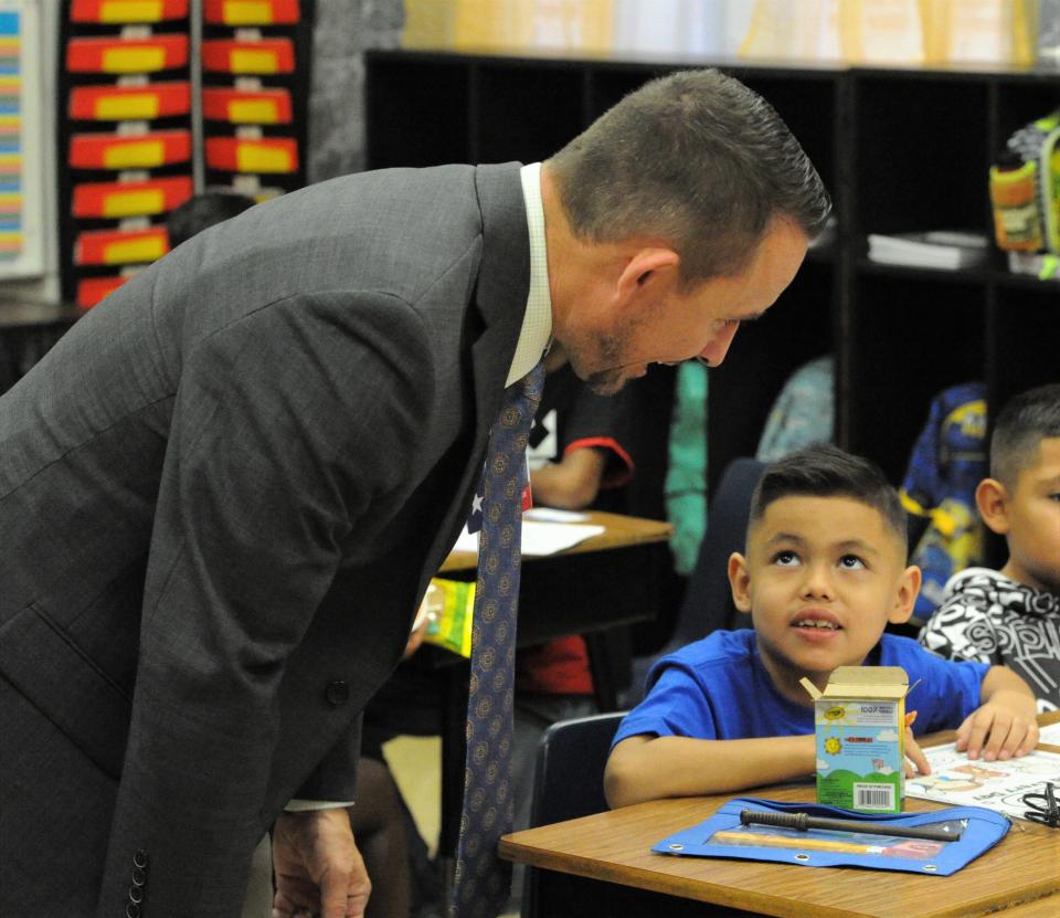 WFISD Superintendent Donny Lee meets and greets Zundy Elementary School kids on the first day of school for WFISD students on Wednesday, August 17, 2022.