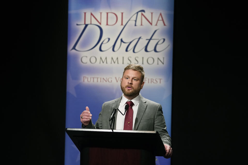 Libertarian James Sceniak speaks during a U.S. Senate debate, Sunday, Oct. 16, 2022, in Indianapolis. (AP Photo/Darron Cummings, Pool)