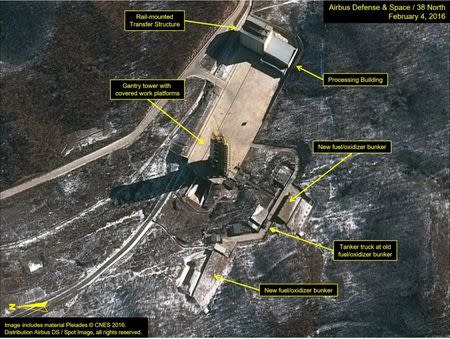 Airbus Defense & Space and 38 North satellite imagery from February 4, 2016 shows the Sohae Satellite Launching Station in North Korea in this image released on February 5, 2016. REUTERS/Airbus Defense & Space and 38 North/Handout via Reuters