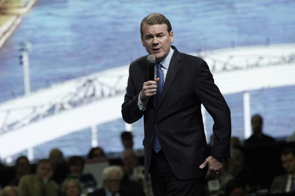 FILE - In this Friday, Nov. 1, 2019, file photo, Democratic presidential candidate U.S. Sen. Michael Bennet speaks during the Iowa Democratic Party's Liberty and Justice Celebration, in Des Moines, Iowa. On Thursday, Jan. 2, 2020, Bennet released a $6 trillion plan that he called “the Real Deal” in an attempt to offer what he calls a more realistic contrast with other, more liberal contenders for the Democratic nomination who have outpolled him running on more sweeping proposals that may never be implemented. (AP Photo/Nati Harnik, File)