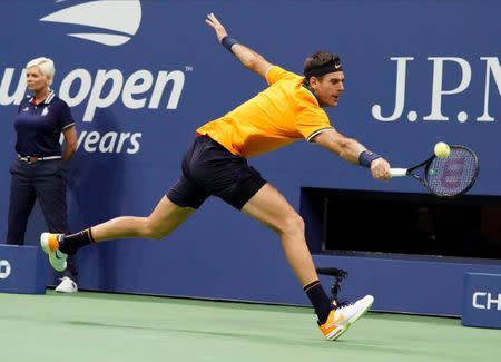 Sept 9, 2018; New York, NY, USA; Juan Martin del Potro of Argentina hits to Novak Djokovic of Serbia in the men's final on day fourteen of the 2018 U.S. Open tennis tournament at USTA Billie Jean King National Tennis Center. Mandatory Credit: Robert Deutsch-USA TODAY Sports