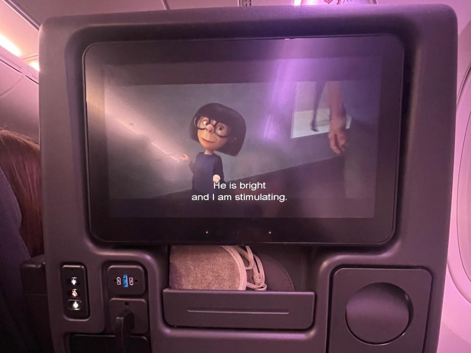 The inflight screen with Edna from the Incredibles franchise on the TV.