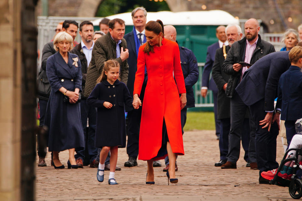 The Duchess of Cambridge and Princess Charlotte during their visit to Cardiff Castle to meet performers and crew involved in the special Platinum Jubilee Celebration Concert taking place in the castle grounds later in the afternoon, as members of the Royal Family visit the nations of the UK to celebrate Queen Elizabeth II's Platinum Jubilee. Picture date: Saturday June 4, 2022.