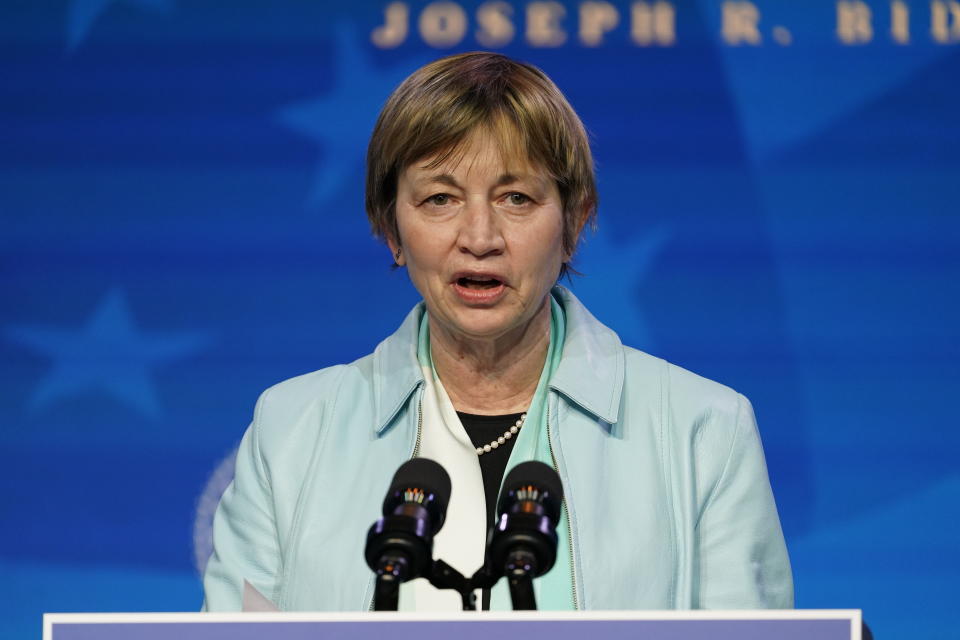 President-elect Joe Biden's nominee to co-chair the President's Council of Advisors on Science and Technology Maria Zuber speaks during an event at The Queen theater, Saturday, Jan. 16, 2021, in Wilmington, Del. (AP Photo/Matt Slocum)