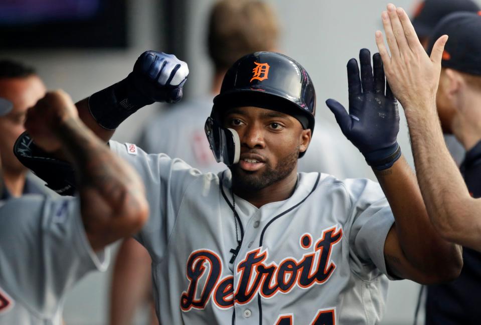 Detroit Tigers' Christin Stewart is congratulated by teammates after hitting a homerun in the fifth inning of the team's baseball game against the Cleveland Indians, Friday, June 21, 2019, in Cleveland.