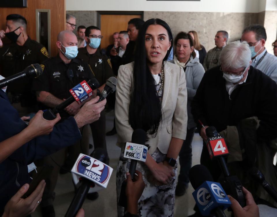 Paulette Michel Loftin one of the attorney's Ethan Crumbley talks with reporters in front of chambers of Circuit Court Judge Kwame L. Rowe Monday, Oct. 24, 2022, at Oakland County Courthouse.