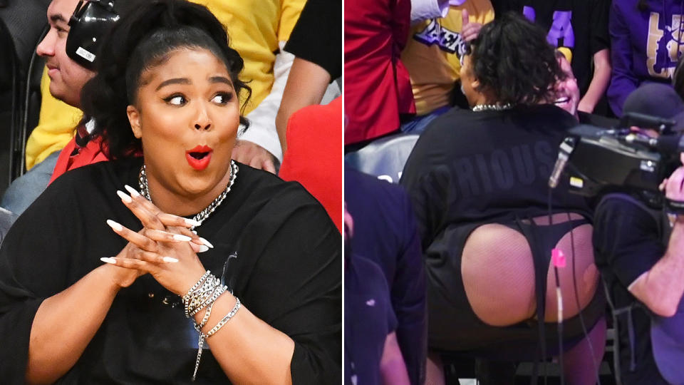 Pop superstar Lizzo stole the show at the Lakers/Timberwolves game on Monday. Pictures: Getty Images