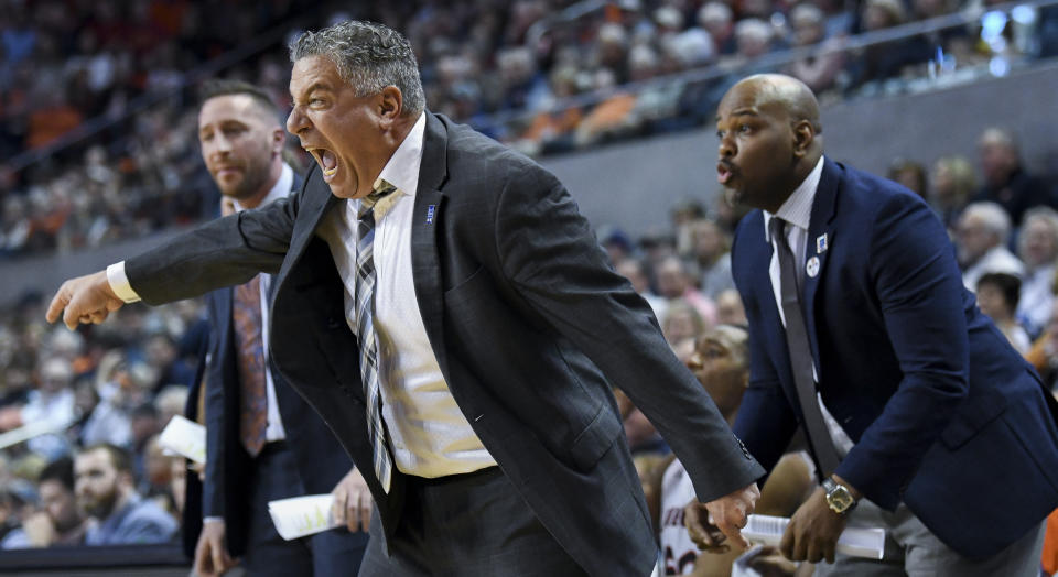 Auburn head coach Bruce Pearl reacts to a play on the sidelines during the first half of an NCAA college basketball game against Iowa State Saturday, Jan. 25, 2020, in Auburn, Ala. (AP Photo/Julie Bennett)