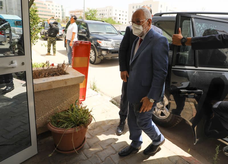 Parliament Speaker Rached Ghannouchi, head of the moderate Islamist Ennahda, arrives at the party's headquarters in Tunis