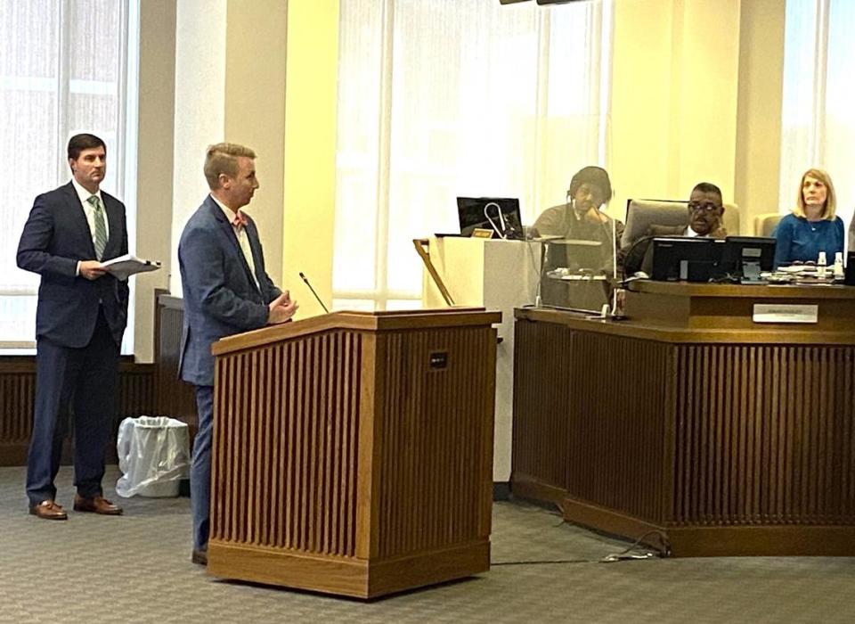 Jon Pannell, a partner in the Savannah law firm Gray, Pannell and Woodward, and Doug Gebhardt of investment advisor Davenport & Company tell Columbus Council about the bond issue for Golden Park renovations.