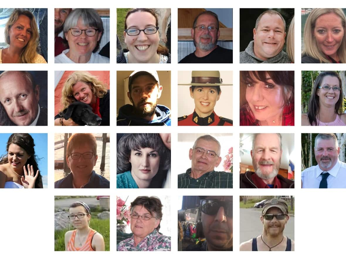 Twenty-two people died on April 18 and 19, 2020. Top row from left: Gina Goulet, Dawn Gulenchyn, Jolene Oliver, Frank Gulenchyn, Sean McLeod, Alanna Jenkins. Second row: John Zahl, Lisa McCully, Joey Webber, Heidi Stevenson, Heather O'Brien and Jamie Blair. Third row from top: Kristen Beaton, Lillian Campbell, Joanne Thomas, Peter Bond, Tom Bagley and Greg Blair. Bottom row: Emily Tuck, Joy Bond, Corrie Ellison and Aaron Tuck.  (CBC - image credit)