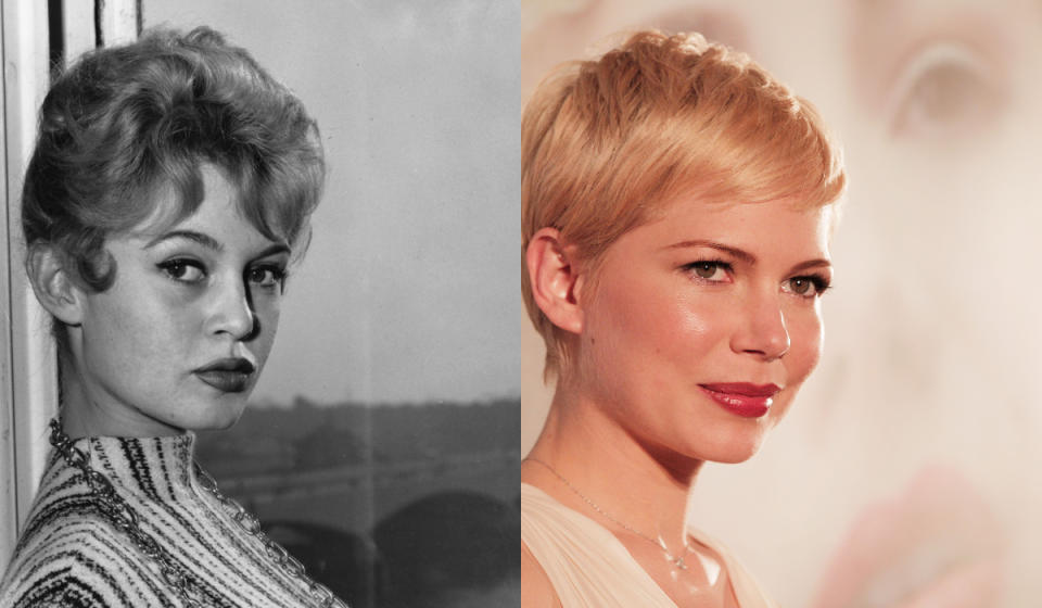 Michelle Williams dio vida a Marilyn Monroe en 'Mi semana con Marilyn' (2011), pero también podría meterse en la piel de <a href="https://es.vida-estilo.yahoo.com/15-im%C3%A1genes-quiz%C3%A1s-hab%C3%ADas-visto-132122618/photo-brigitte-bardot-nunca-quiso-ser-1456431441749.html" data-ylk="slk:Brigitte Bardot;elm:context_link;itc:0;sec:content-canvas;outcm:mb_qualified_link;_E:mb_qualified_link;ct:story;" class="link  yahoo-link">Brigitte Bardot</a> si rodaran una cinta sobre la francesa. (Foto: Evening Standard / Adam Pretty /Getty Images)