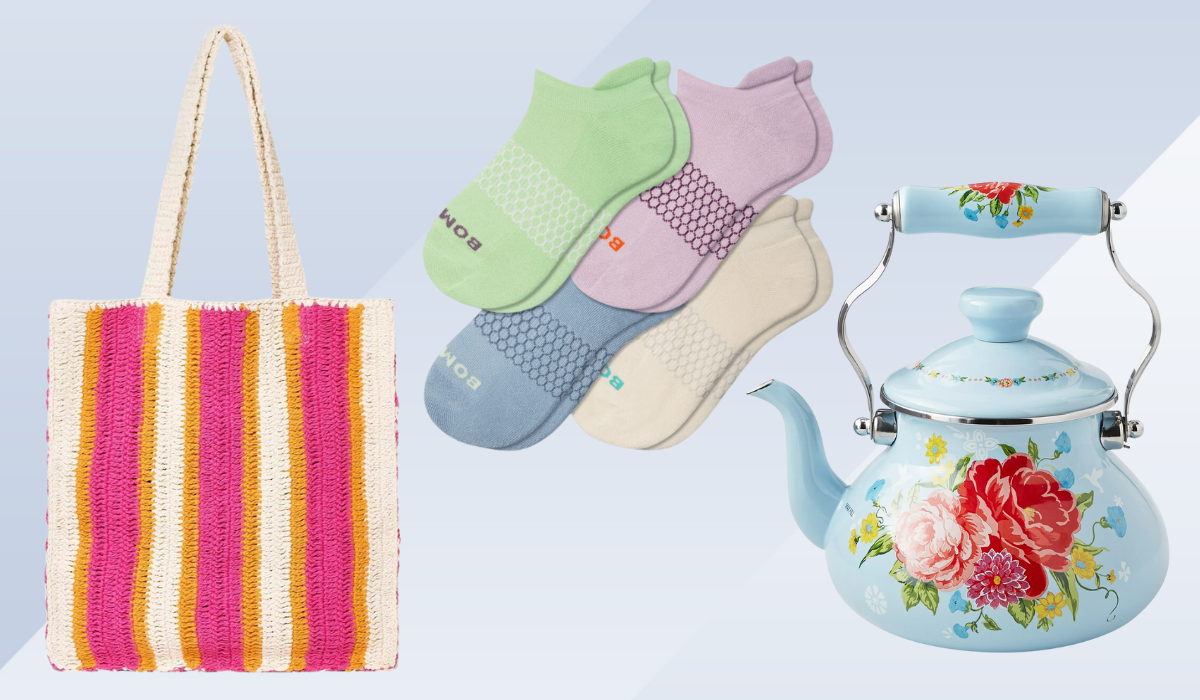 striped tote, pack of 4 Bombas socks, floral tea kettle on blue background