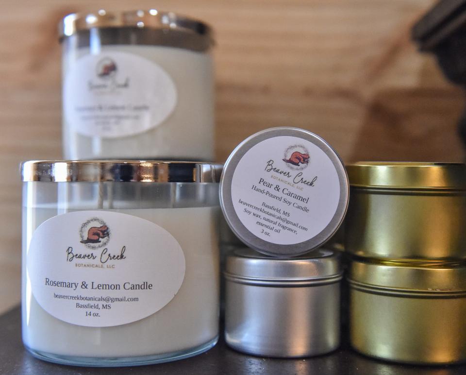 Candles are one of many products Beaver Creek Distillery, set to open this Friday, will sell in addition to their craft spirits, seen in Bassfield, Miss., Friday, February 17, 2023. 