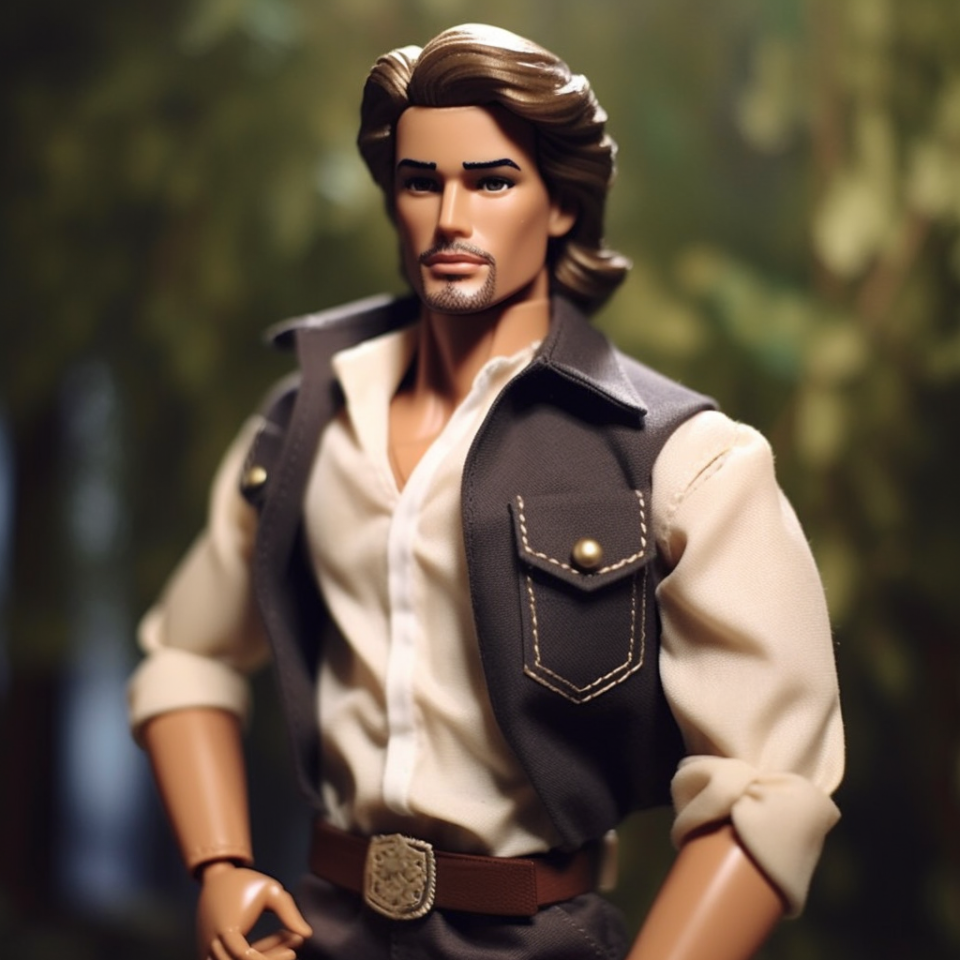 Brunette Ken with a thin beard and mustache, wearing a vest, a shirt with rolled-up sleeves, and a belt