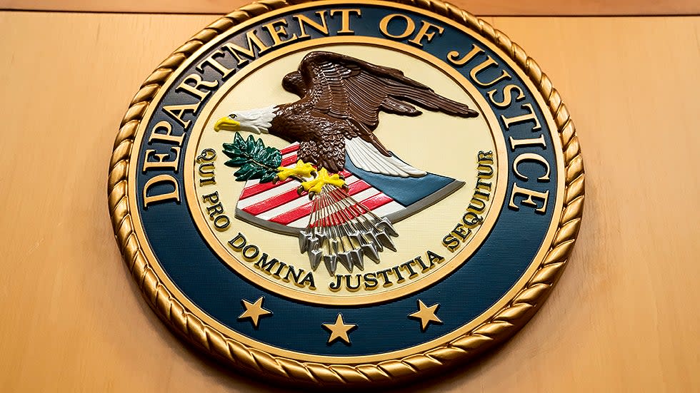 The Department of Justice logo is seen at their headquarters in Washington, D.C., on Thursday, August 5, 2021 prior to a press conference regarding a civil rights matter. 