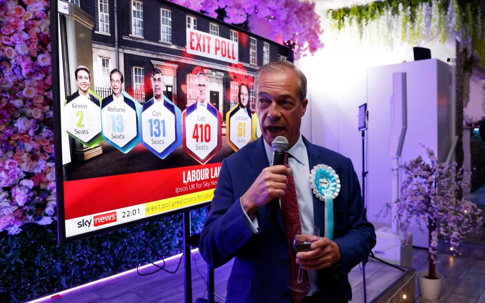 Nigel Farage, the Reform UK leader, speaks at an event in Clacton after the publication of the general election exit poll