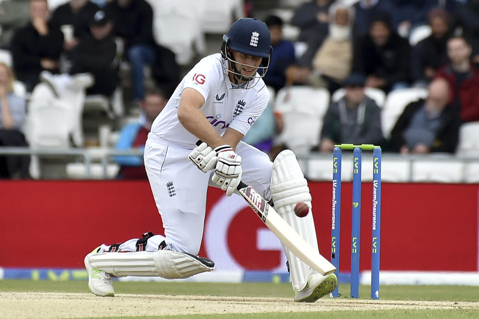 England's Joe Root plays a shot during the fifth day of the third cricket test match between England and New Zealand at Headingley in Leeds, England, Monday, June 27, 2022. (AP Photo/Rui Vieira)