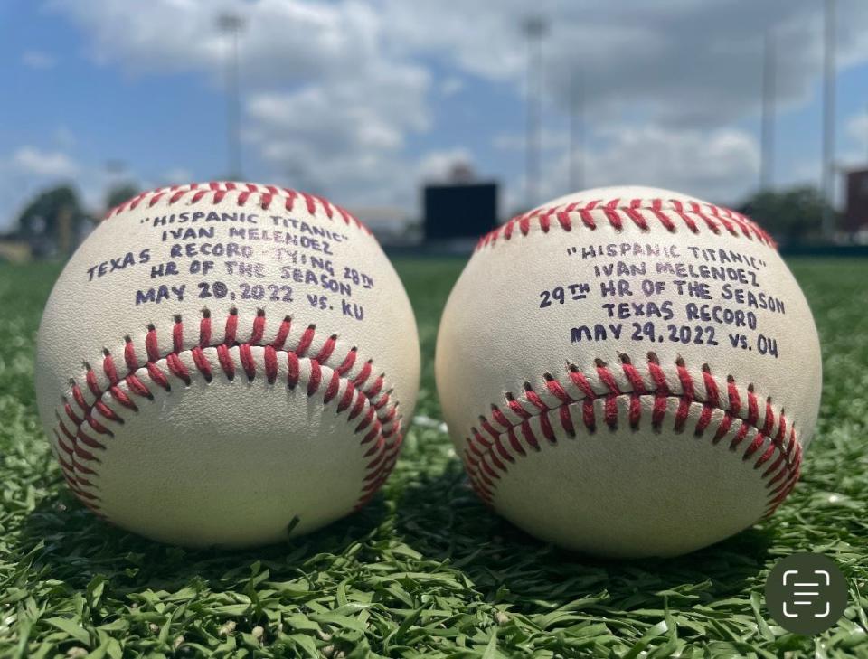 These two baseballs are special trophies for Texas first baseman Ivan Melendez: his school record-tying 28th home run ball (vs. Kansas on May 20) and his record-setting 29th (vs. Oklahoma on May 29).