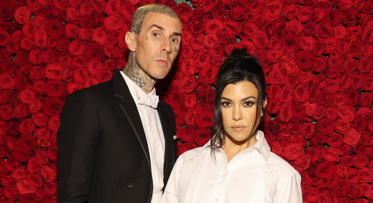 Kourtney Kardashian and Travis Barker wed for real this time, six weeks after their Las Vegas 'practice' ceremony. (Getty Images)