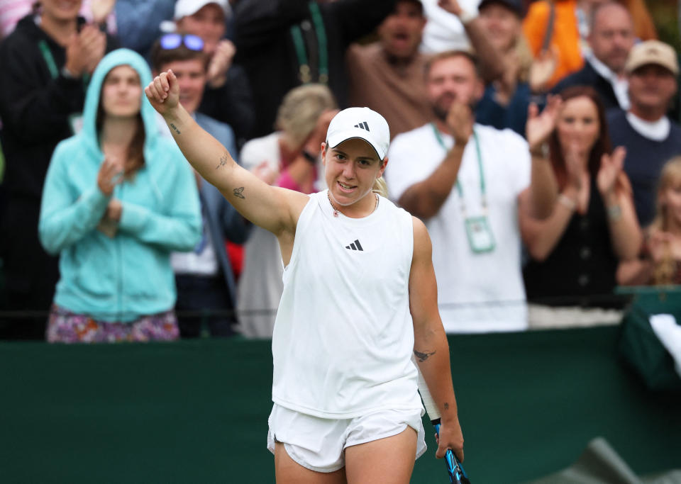 Tennis - Wimbledon - All England Lawn Tennis and Croquet Club, London, Britain - July 1, 2024 Britain's Sonay Kartal celebrates after winning her first round match against Romania's Sorana Cirstea REUTERS/Paul Childs