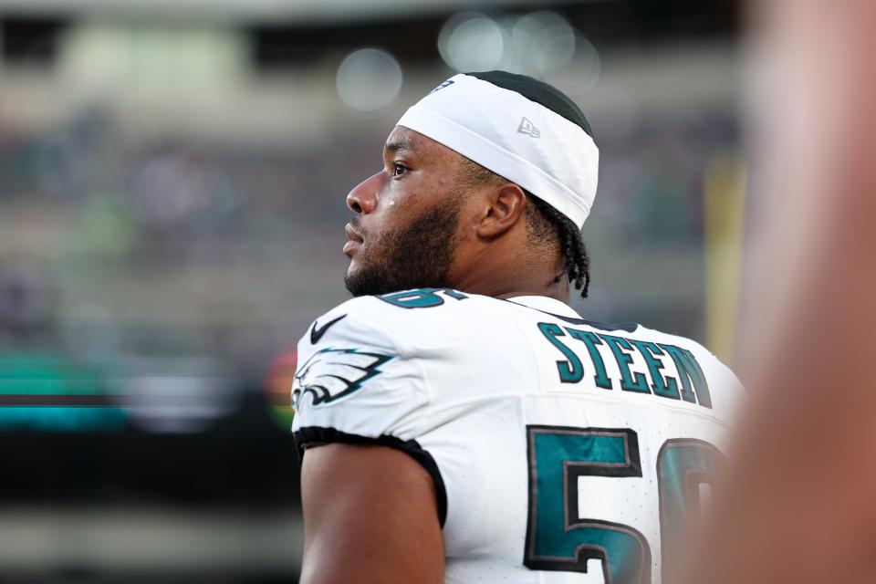 Aug 17, 2023; Philadelphia, Pennsylvania, USA; Philadelphia Eagles guard Tyler Steen (56) looks on in a game against the Cleveland Browns at Lincoln Financial Field. Mandatory Credit: Bill Streicher-USA TODAY Sports