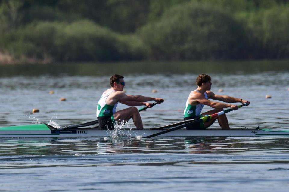 Ross Corrigan and Nathan Timoney in action at World Cup One in Varese, Italy. <i>(Image: Irish Rowing)</i>