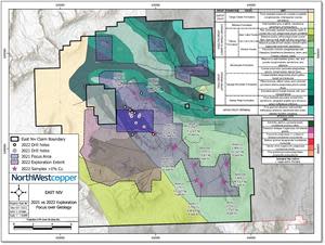 Geological Map showing area of detailed work in 2022 (lighter shaded area) vs 2021 area of focus (darker shaded area)