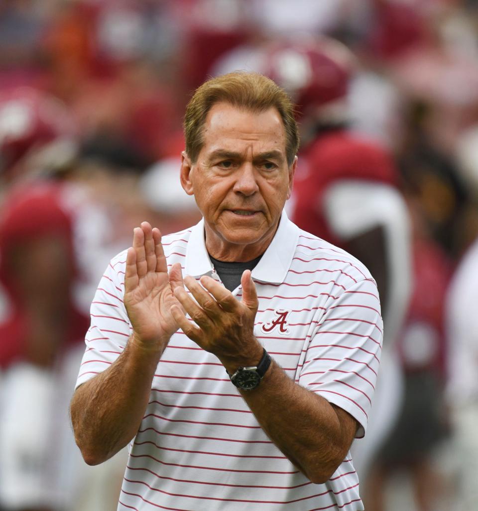 Sep 9, 2023; Tuscaloosa, Alabama, USA; Alabama Crimson Tide head coach Nick Saban claps as his team goes through warmup before the game with Texas at Bryant-Denny Stadium. Mandatory Credit: Gary Cosby Jr.-USA TODAY Sports