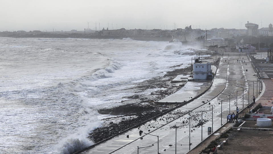 High tide waves hit the Arabian Sea coast in Porbandar, India, Sunday, June 11, 2023. Cyclone Biparjoy, the first severe cyclone in the Arabian Sea this year is set to hit the coastlines of India and Pakistan Thursday. (AP Photo)