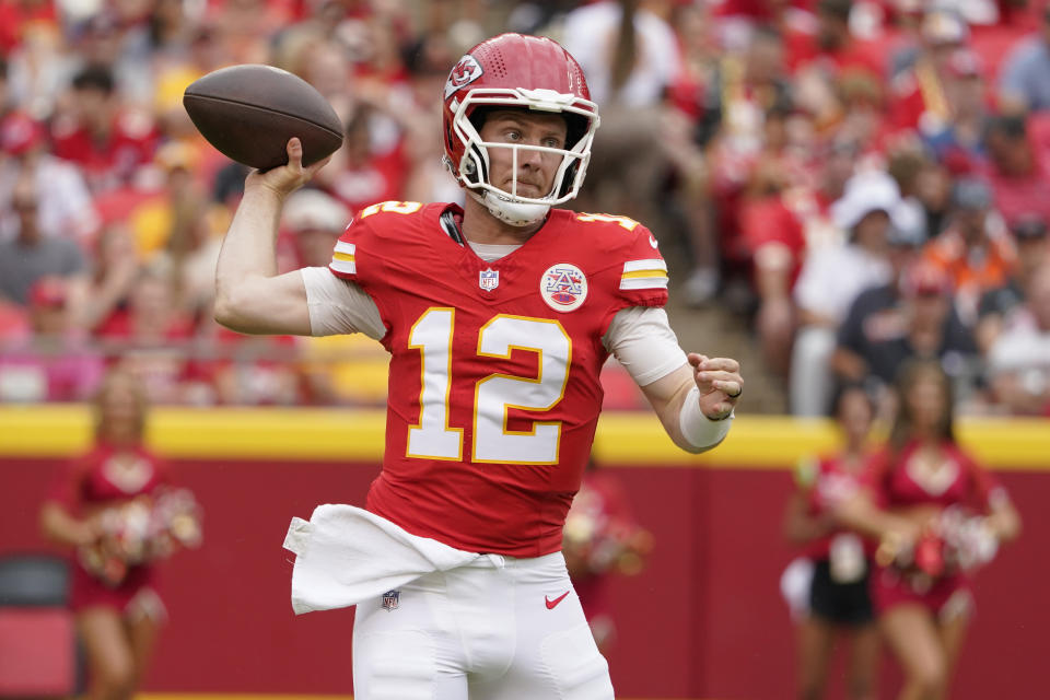 Kansas City Chiefs quarterback Shane Buechele throws during the first half of an NFL preseason football game against the Cleveland Browns Saturday, Aug. 26, 2023, in Kansas City, Mo. (AP Photo/Ed Zurga)