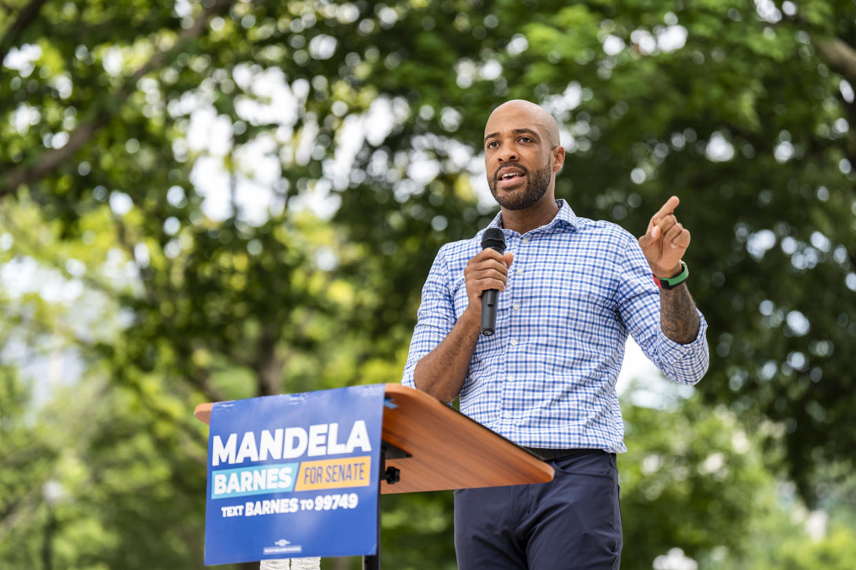 Lt. Gov. of Wisconsin and Democratic Senate candidate Mandela Barnes speaks at a rally outside in Madison on July 23, 2022. (Sara Stathas for The Washington Post / via Getty Images file)