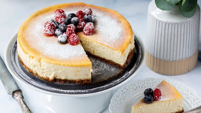 Ricotta cheesecake on cake stand