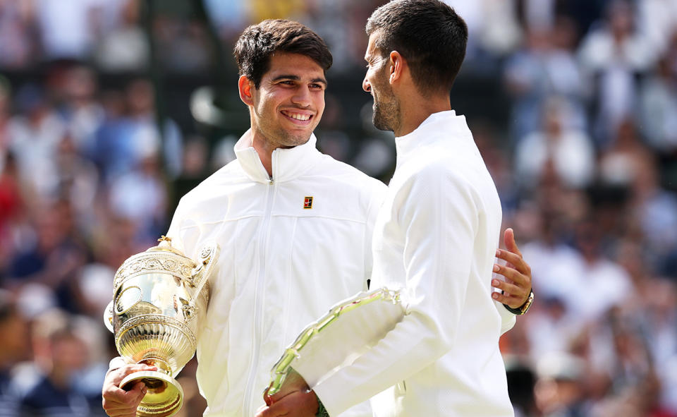 Carlos Alcaraz and Novak Djokovic after the Wimbledon final. 