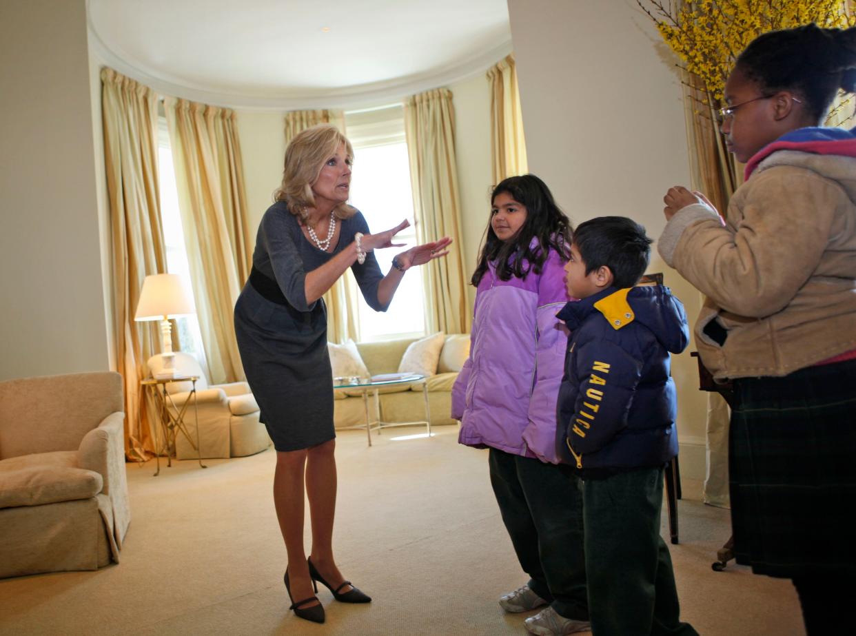 Jill Biden gives a tour of the house to elementary school children from across the D.C. area in 2009.