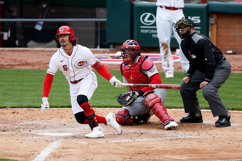 Cincinnati Reds second baseman Jonathan India (6) hits a stand-up double in the fourth inning of the MLB Opening Day game between the Cincinnati Reds and the St. Louis Cardinals at Great American Ball Park in downtown Cincinnati on Thursday, April 1, 2021. The Reds trailed 11-4 in the fifth inning.