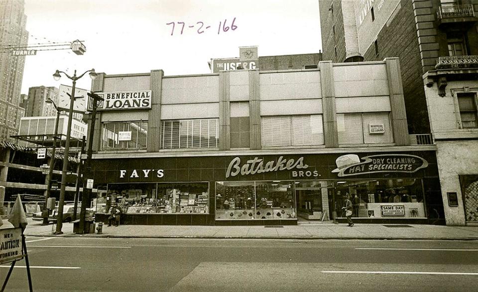 Batsakes Bros. Hat Shop and the Batsakes Dry Cleaning at Sixth and Vine streets, Cincinnati, in 1968.