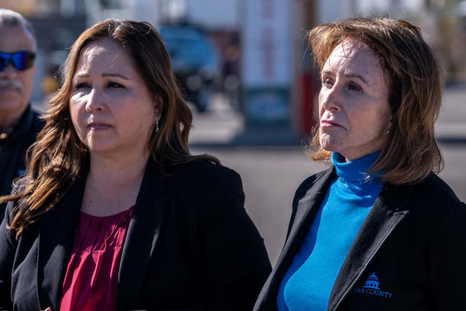 Pima County District 5 Supervisor Adelita S. Grijalva, left, and Pima County Administrator Jan Lesher, right, attend a press conference at the Lukeville Port of Entry in Lukeville, Ariz., on January 4, 2024.