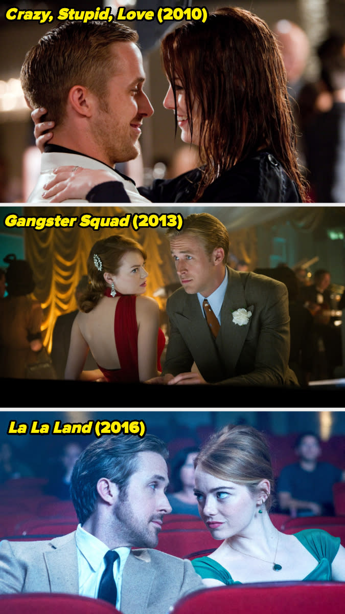 Ryan Gosling and Emma Stone in scenes from "Crazy, Stupid, Love" (2010), "Gangster Squad" (2013), and "La La Land" (2016)